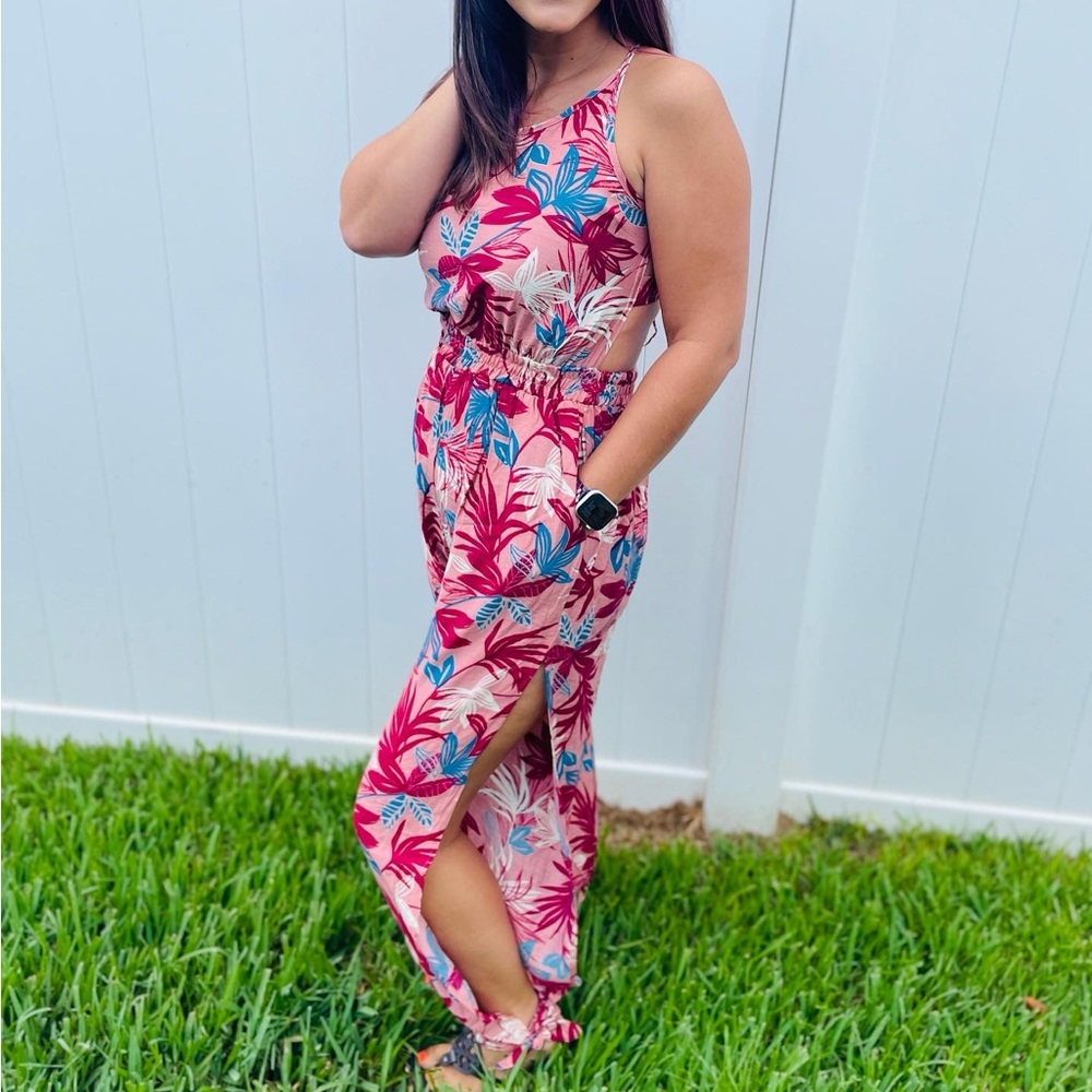Floral jumpsuit with lace up back and elastic waistband